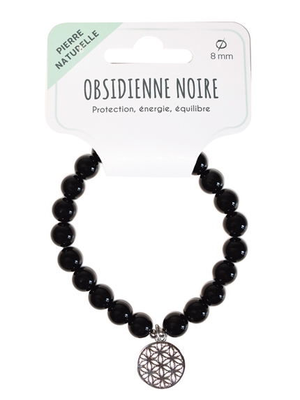 Bracelet Obsidienne noire perles rondes 8 mm et breloque Fleur de vie 2