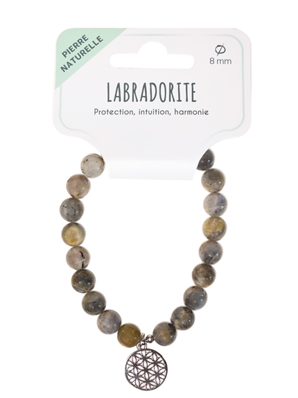 Bracelet Labradorite perles rondes 8 mm et breloque Fleur de vie 2