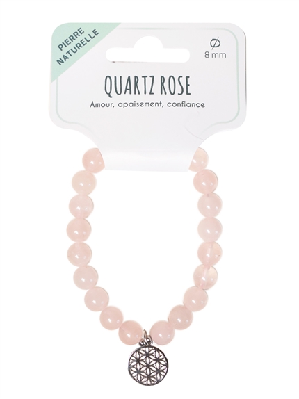 Bracelet Quartz rose perles rondes 8 mm et breloque Fleur de vie 2