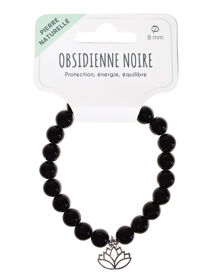 Bracelet Obsidienne noire perles rondes 8 mm et breloque Lotus 2