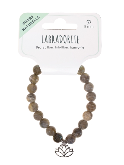 Bracelet Labradorite perles rondes 8 mm et breloque Lotus 2