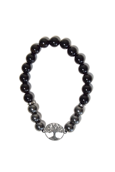 Bracelet Perles rondes 8 mm Hématite et Onyx Charm Arbre de vie 1