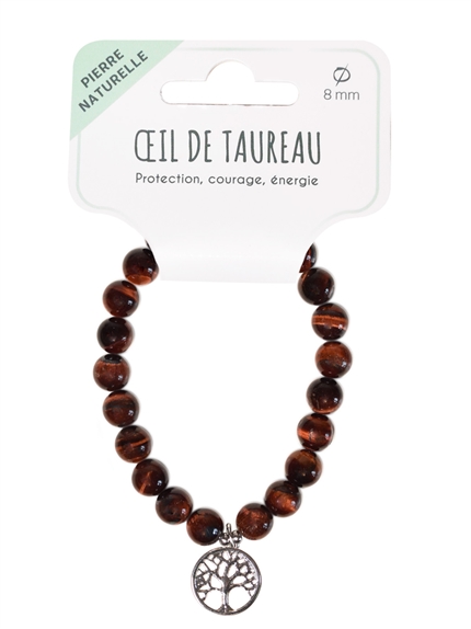 Bracelet Oeil de taureau perles rondes 8 mm et breloque Arbre de vie 2