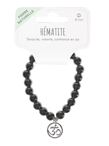 Bracelet Hématite perles rondes 8 mm et breloque Om 2
