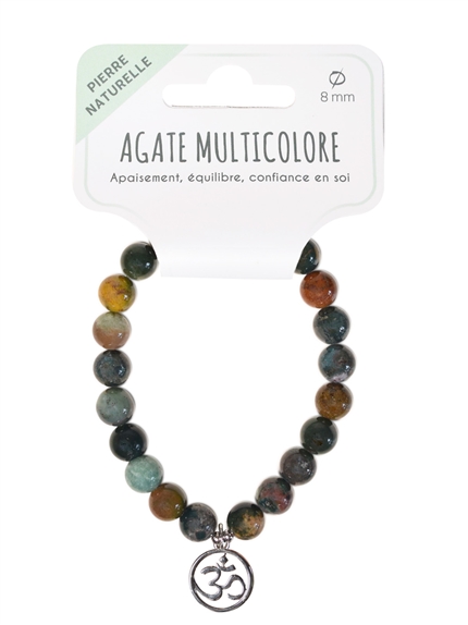 Bracelet Agate multicolore perles rondes 8 mm et breloque Om 2