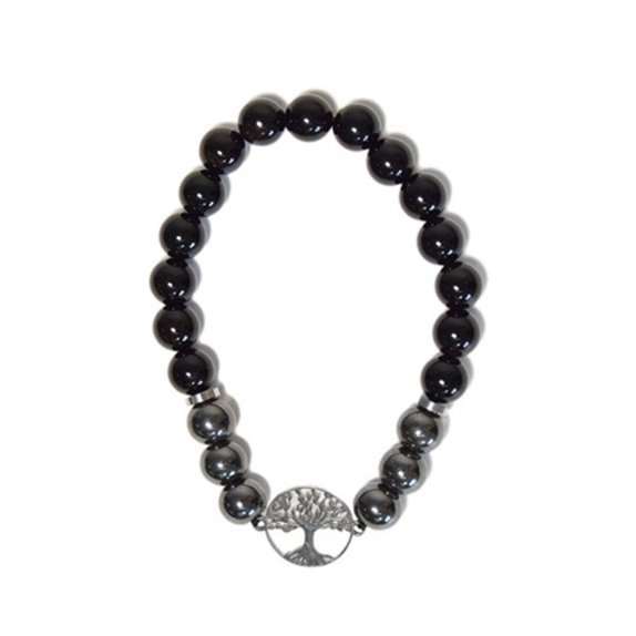 Bracelet Perles rondes 8 mm Hématite et Onyx Charm Arbre de vie 4