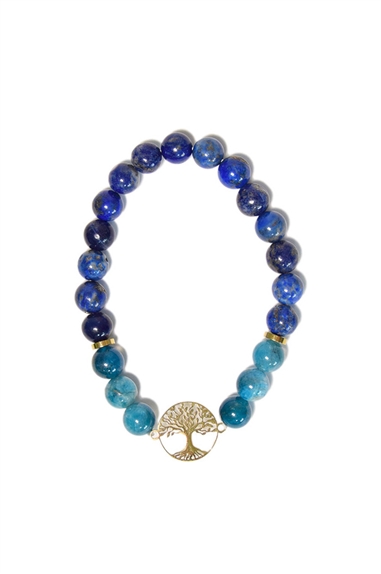 Bracelet Perles rondes 8 mm Lapis-Lazuli et Apatite Charm Arbre de vie 1