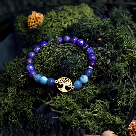 Bracelet Perles rondes 8 mm Lapis-Lazuli et Apatite Charm Arbre de vie 3