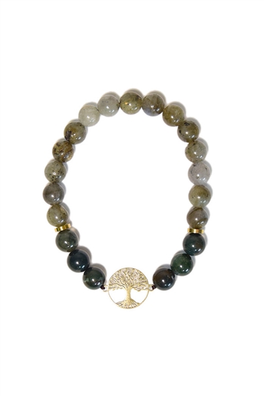 Bracelet Perles rondes 8 mm Agate Mousse et Labradorite Charm Arbre de vie 1