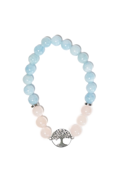 Bracelet Perles rondes 8 mm Quartz Rose et Aigue-Marine Charm Arbre de vie 1