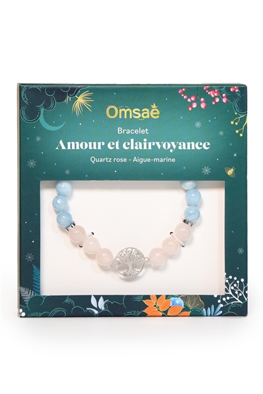 Bracelet Perles rondes 8 mm Quartz Rose et Aigue-Marine Charm Arbre de vie 2