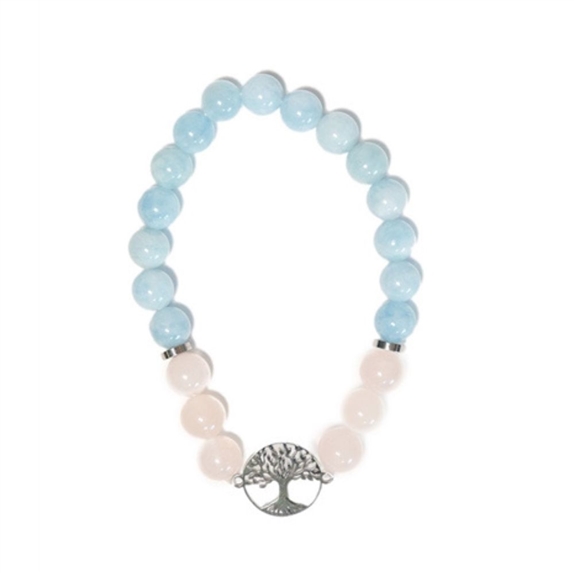 Bracelet Perles rondes 8 mm Quartz Rose et Aigue-Marine Charm Arbre de vie 4