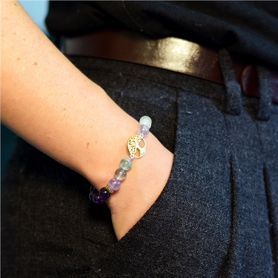Bracelet Perles rondes 8 mm Fluorite et Améthyste Charm Arbre de vie 3