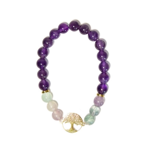 Bracelet Perles rondes 8 mm Fluorite et Améthyste Charm Arbre de vie 4