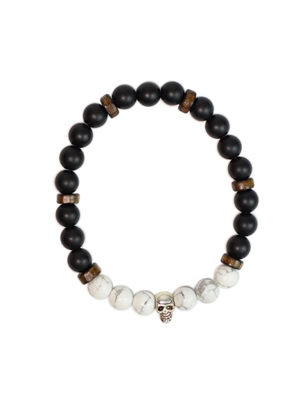 Bracelet perles rondes charms tête de mort Magnésite Obsidienne noire matte 2
