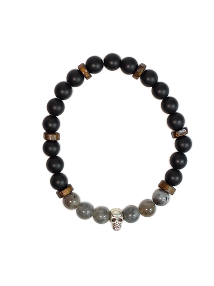Bracelet perles rondes charms Tête de mort Labradorite Obsidienne noire matte 2