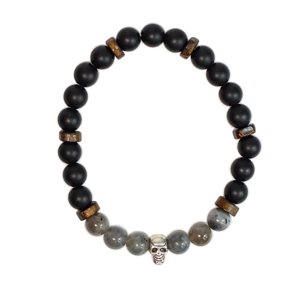 Bracelet perles rondes charms Tête de mort Labradorite Obsidienne noire matte 4