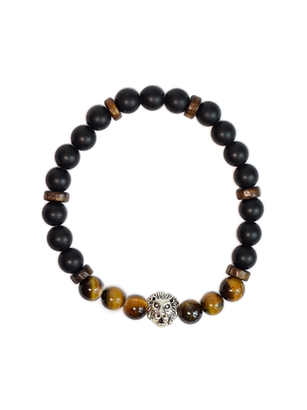 Bracelet perles rondes charms Tête de lion Oeil de tigre Obsidienne noire matte 2