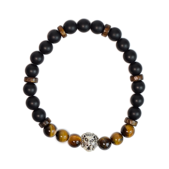 Bracelet perles rondes charms Tête de lion Oeil de tigre Obsidienne noire matte 4