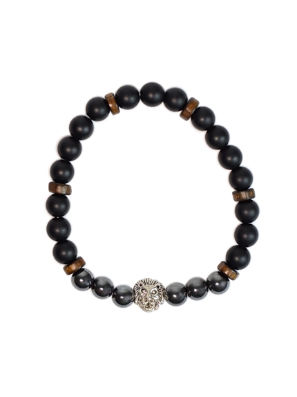 Bracelet perles rondes charms Tête de lion Hématite Obsidienne noire matte 2