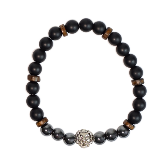 Bracelet perles rondes charms Tête de lion Hématite Obsidienne noire matte 4