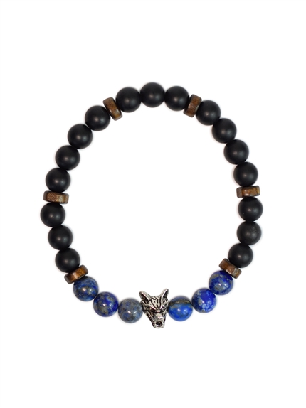 Bracelet perles rondes charms Tête de loup Lapis-lazuli Obsidienne noire matte 2