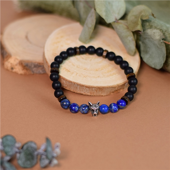 Bracelet perles rondes charms Tête de loup Lapis-lazuli Obsidienne noire matte 3