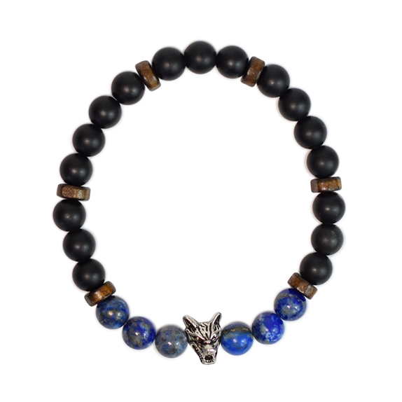 Bracelet perles rondes charms Tête de loup Lapis-lazuli Obsidienne noire matte 4