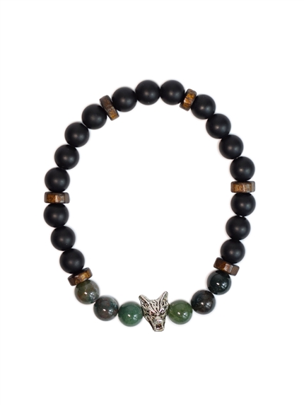 Bracelet perles rondes charms Tête de loup Agate mousse Obsidienne noire matte 2