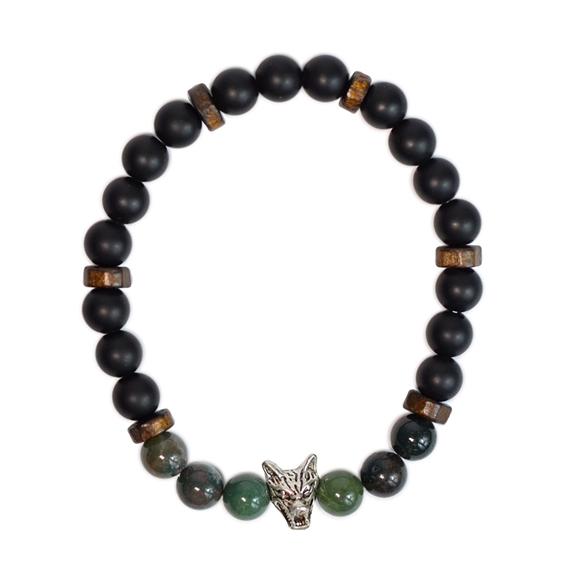 Bracelet perles rondes charms Tête de loup Agate mousse Obsidienne noire matte 4