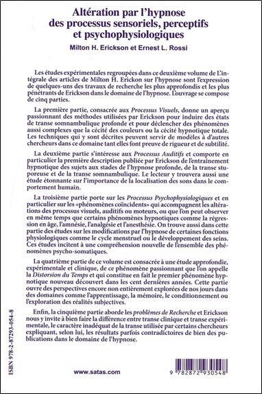 Altération par l'hypnose des processus sensoriels, perceptifs et psychophysiologiques Tome 2 - L'intégrale des articles de Milton H. Erickson sur l'hypnose 2