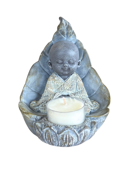 Porte-bougie Moine Méditatif 13,5 cm en Résine - Gris 3