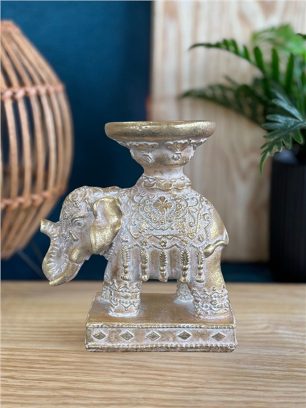 Porte-bougie Eléphant Trompe en bas 11,3 cm - Résine - Doré 2