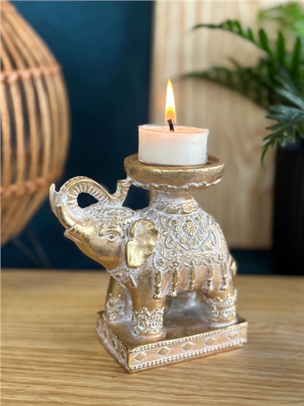 Porte-bougie Eléphant Trompe en l'air 11,3 cm - Résine - Doré 2