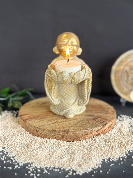 Porte-bougie Moine en Lotus 12,5 cm - Résine - Doré 3