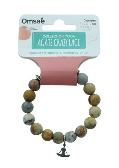 Bracelet Agate Crazy Lace Perles rondes 10 mm Breloque Yoga Lotus 2