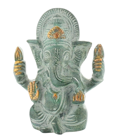 Statuette Ganesh assis en Laiton vert antique 9.2 cm 1