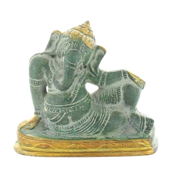 Statuette Ganesh allongé en Laiton vert antique 8 cm 3