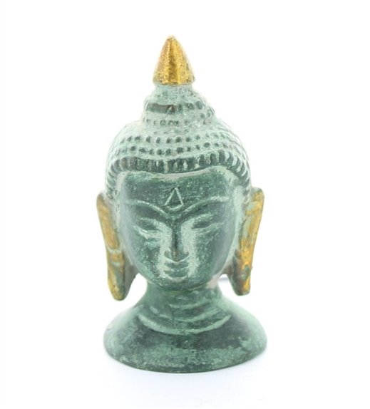 Statuette Tête de Bouddha en Laiton vert antique 5 cm 1