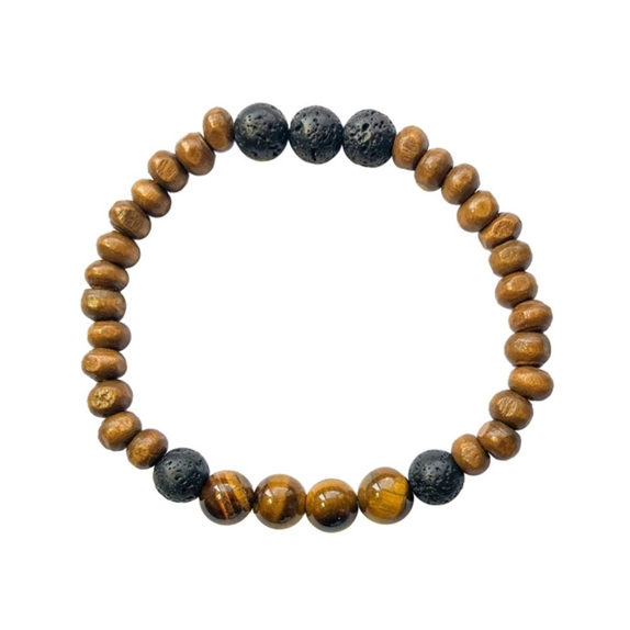 Bracelet Bois, Oeil de Tigre et Pierre de lave Perles rondes 8 mm 1