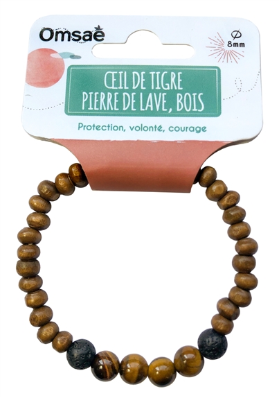 Bracelet Bois, Oeil de Tigre et Pierre de lave Perles rondes 8 mm 2