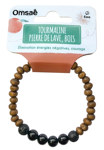 Bracelet Bois, Tourmaline et Pierre de lave Perles rondes 8 mm 2