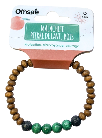 Bracelet Bois, Malachite et Pierre de lave Perles rondes 8 mm 2