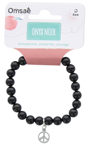 Bracelet Onyx Perles rondes 8 mm et Breloque Paix 2
