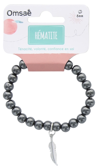 Bracelet Hématite Perles rondes 8 mm et Breloque Plume 2