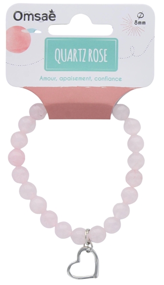 Bracelet Quartz Rose Perles rondes 8 mm et Breloque Coeur 2