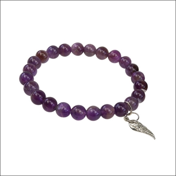 Bracelet Améthyste Perles rondes 8 mm et Breloque Aile d'ange 1