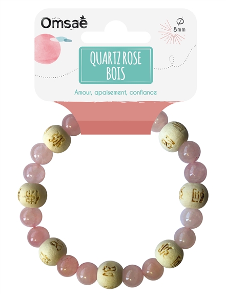 Bracelet Quartz rose Perles rondes 8 mm et Perles bois 1 cm 2