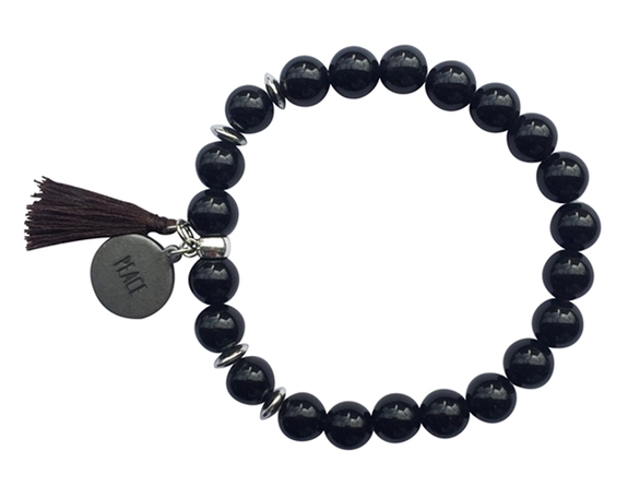 Bracelet Obsidienne Noire Perles rondes 8 mm Pompon Breloque Peace 1