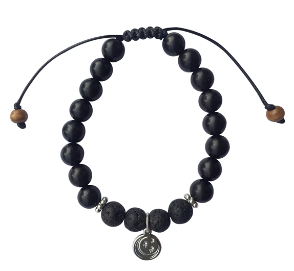 Bracelet Pierre de Lave Bois d'Ebène Perles rondes 8 mm Lune et Etoile 1